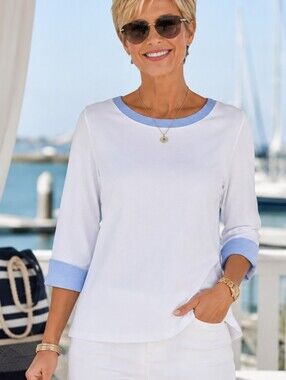 Nautica White Chambray Trim Cotton Top Size Large